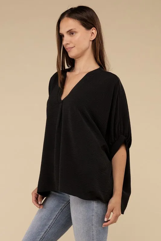 Woven Airflow V-Neck Puff Half Sleeve Top NEW
