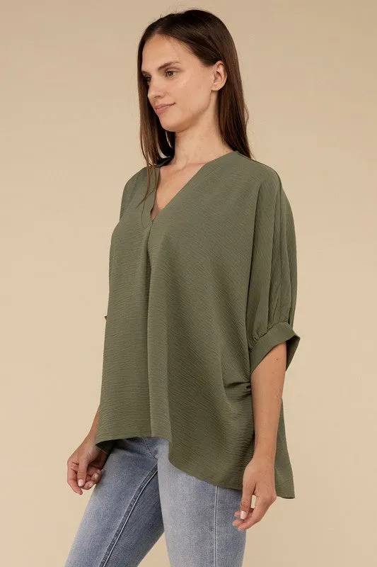 Woven Airflow V-Neck Puff Half Sleeve Top NEW