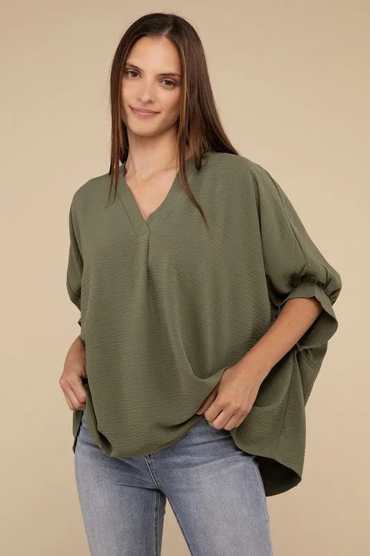 Woven Airflow V-Neck Puff Half Sleeve Top NEW