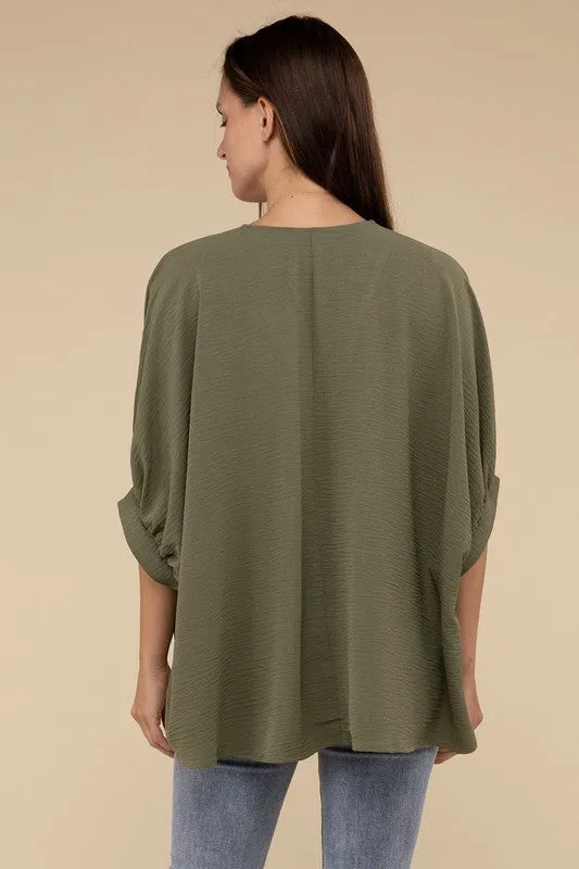 Woven Airflow V-Neck Puff Half Sleeve Top NEW