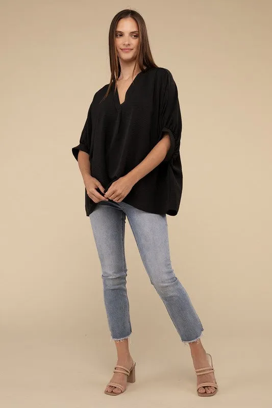 Woven Airflow V-Neck Puff Half Sleeve Top NEW