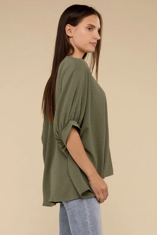Woven Airflow V-Neck Puff Half Sleeve Top NEW