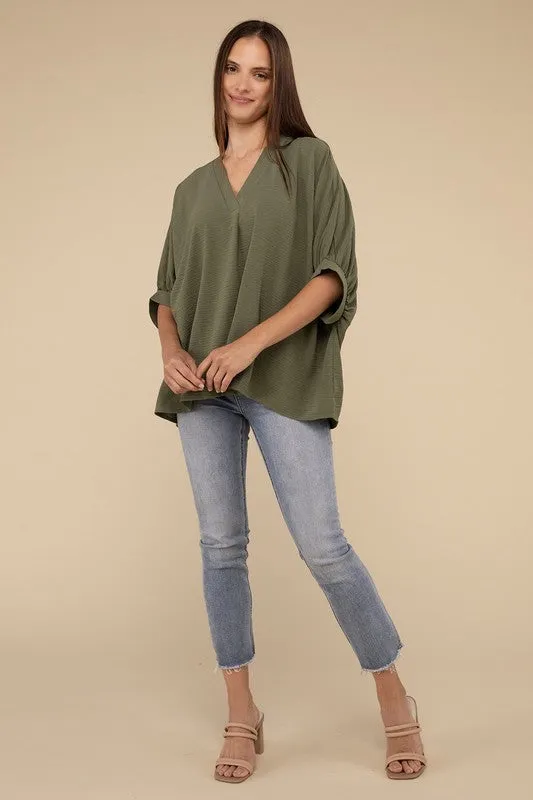 Woven Airflow V-Neck Puff Half Sleeve Top NEW