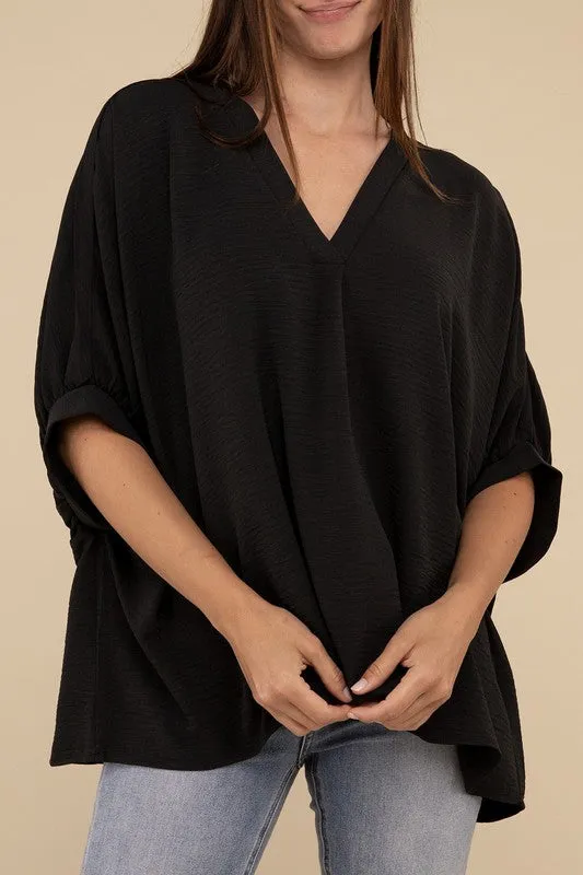 Woven Airflow V-Neck Puff Half Sleeve Top NEW