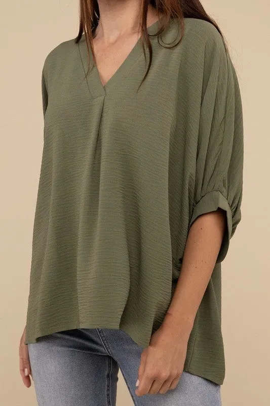 Woven Airflow V-Neck Puff Half Sleeve Top NEW