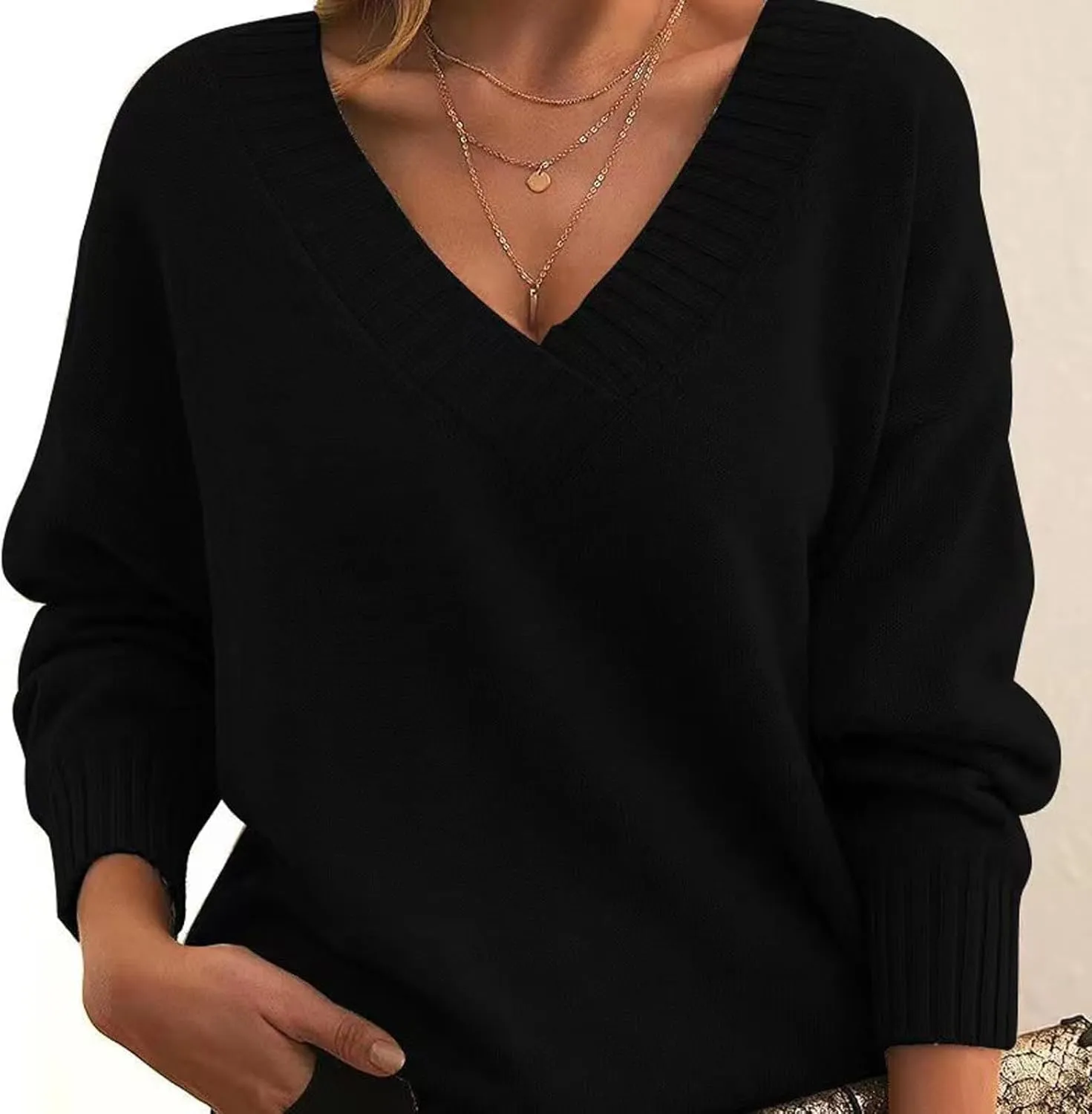 ZWRXW Women's Oversized Sweaters Sexy V Neck Long Sleeve Solid Jumper Cable Knit Loose Fit Pullover Fall Fashion Tops