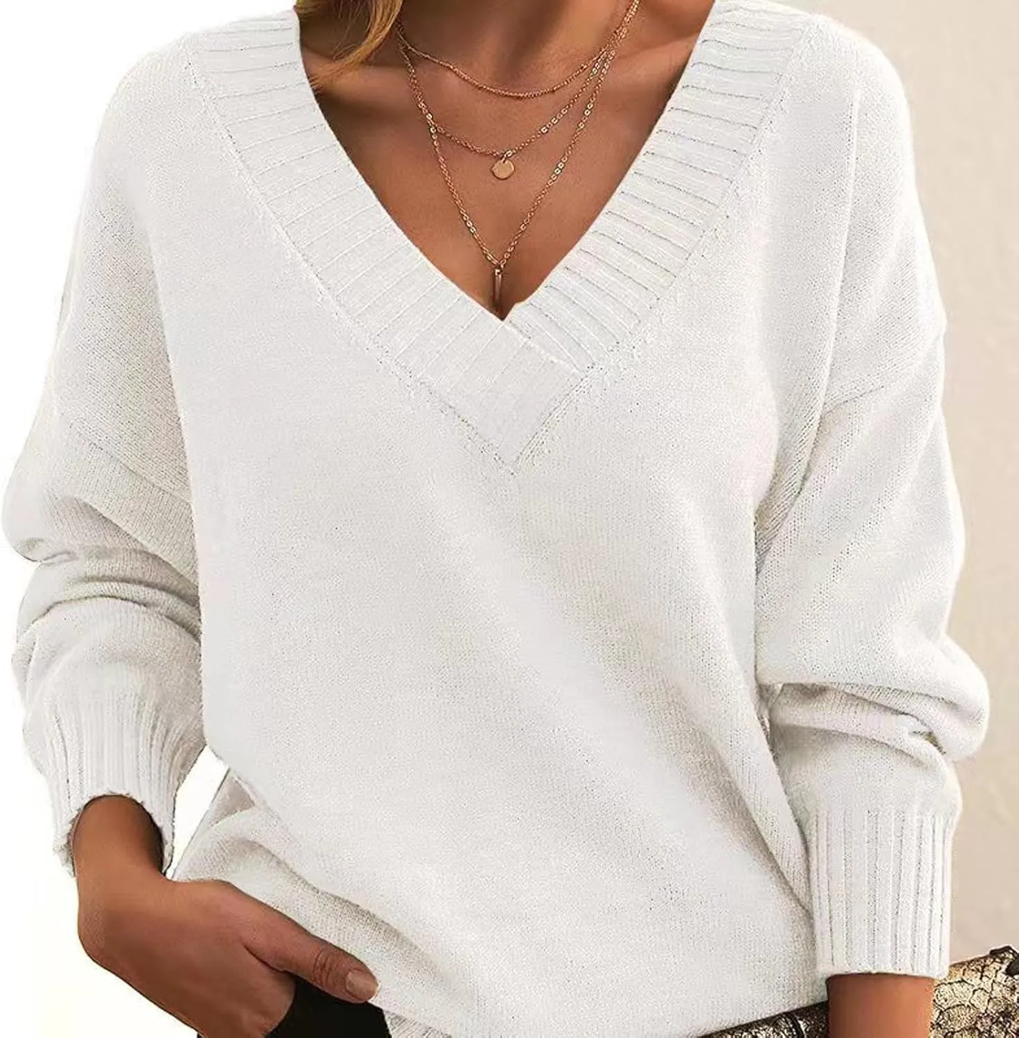 ZWRXW Women's Oversized Sweaters Sexy V Neck Long Sleeve Solid Jumper Cable Knit Loose Fit Pullover Fall Fashion Tops