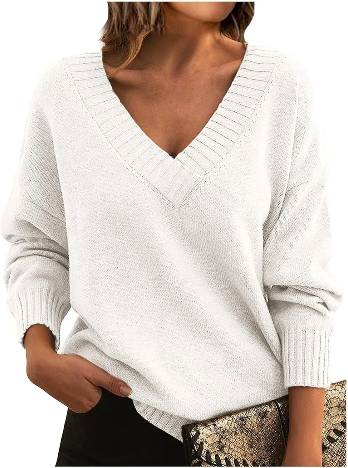 ZWRXW Women's Oversized Sweaters Sexy V Neck Long Sleeve Solid Jumper Cable Knit Loose Fit Pullover Fall Fashion Tops