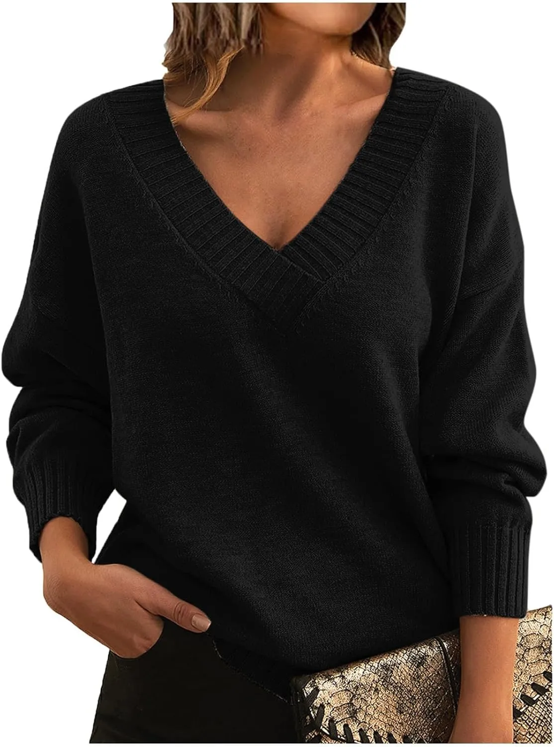 ZWRXW Women's Oversized Sweaters Sexy V Neck Long Sleeve Solid Jumper Cable Knit Loose Fit Pullover Fall Fashion Tops
