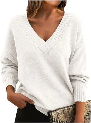 ZWRXW Women's Oversized Sweaters Sexy V Neck Long Sleeve Solid Jumper Cable Knit Loose Fit Pullover Fall Fashion Tops